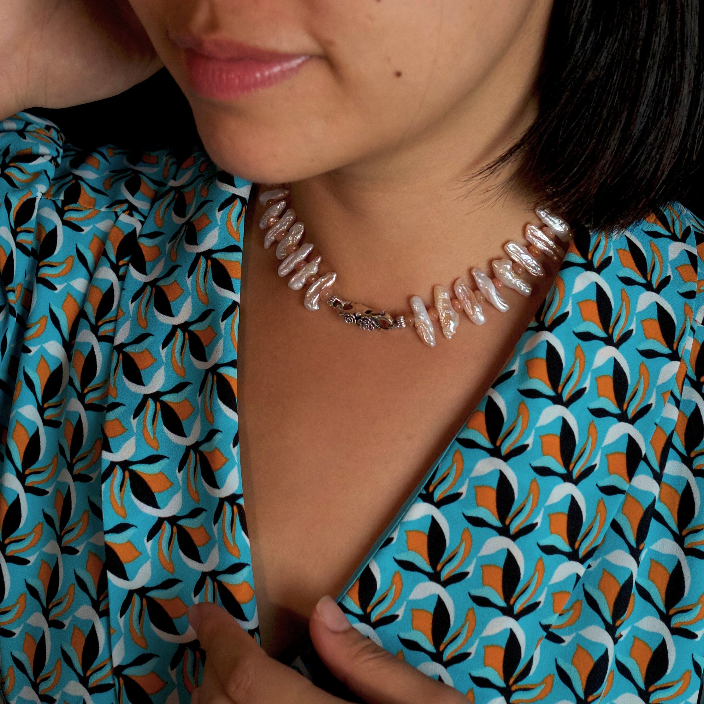 Fishbone Freshwater Pearl/Peach Moonstone PLAY Necklace and Bracelet