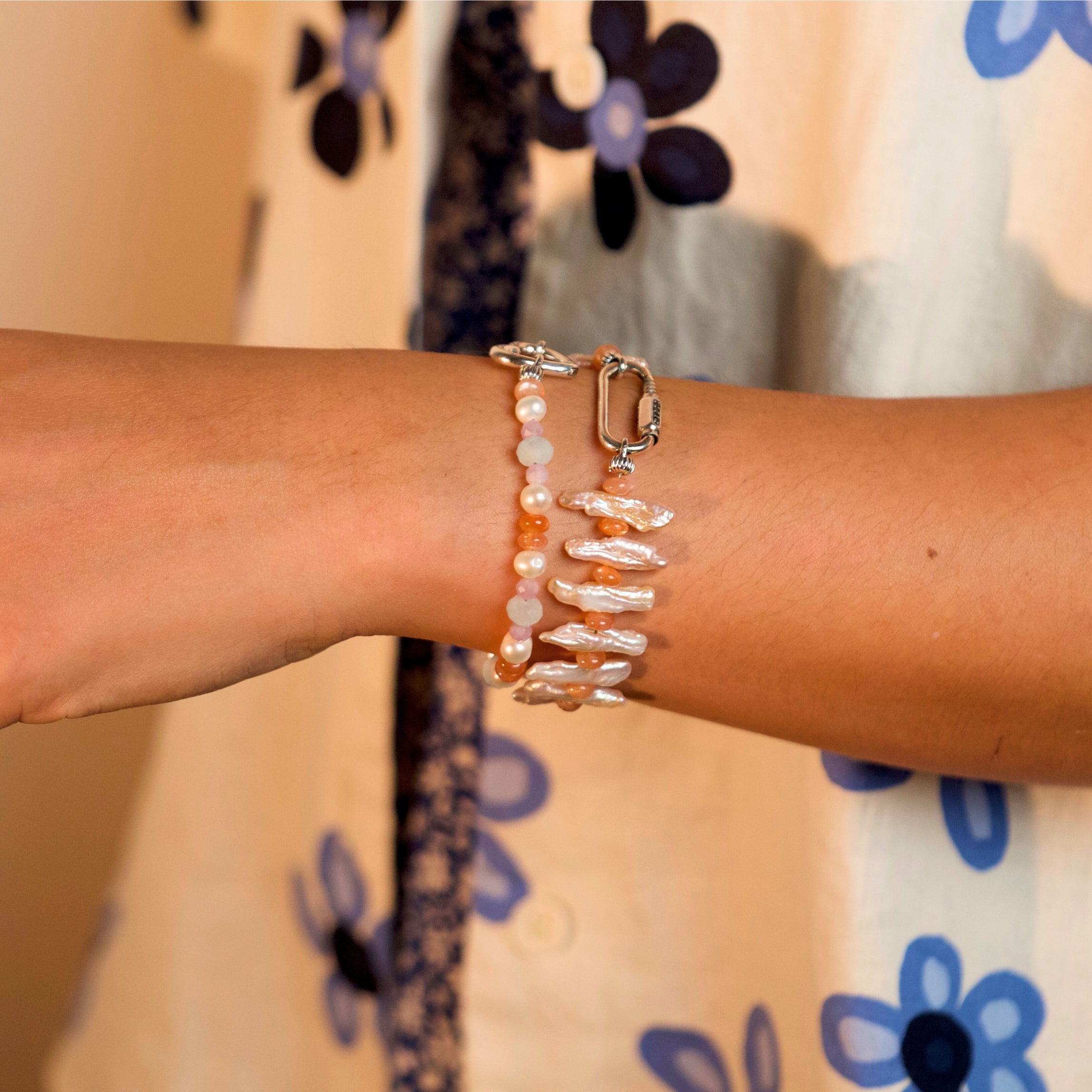 Fishbone Freshwater Pearl/Peach Moonstone PLAY Necklace and Bracelet